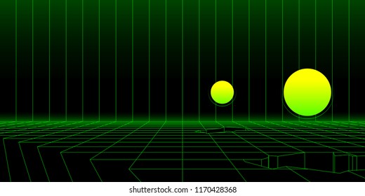 Retro Sci-Fi wireframe landscape background with 3D Objects. Abstract vector futuristic illustration in 1980s posters style. 
