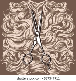 retro scissors against the background of the hair