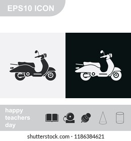 Retro scooter flat black and white vector icon.