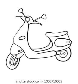 Retro scooter hand drawn ink line art, moped vector illustration isolated on white  