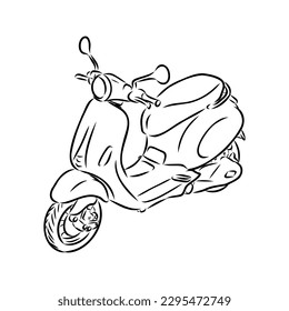 Retro scooter hand drawn ink line art, moped vector illustration isolated on white
