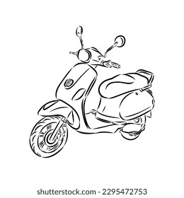 Retro scooter hand drawn ink line art, moped vector illustration isolated on white