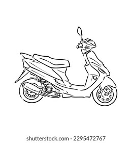 Retro scooter hand drawn ink line art, moped vector illustration isolated on white