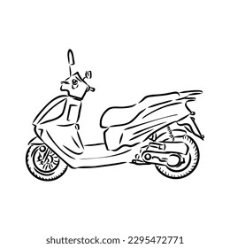 Retro scooter hand drawn ink line art, moped vector illustration isolated on white