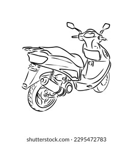 Retro scooter hand drawn ink line art, moped vector illustration isolated on white