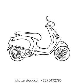 Retro scooter hand drawn ink line art, moped vector illustration isolated on white