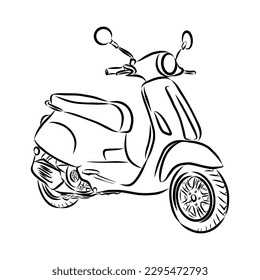 Retro scooter hand drawn ink line art, moped vector illustration isolated on white