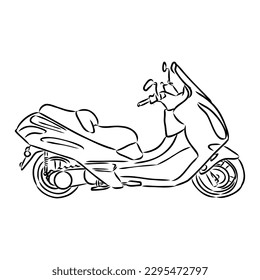 Retro scooter hand drawn ink line art, moped vector illustration isolated on white