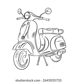 Retro scooter mão desenhada tinta linha arte, moped gravada vetor ilustração isolado no branco. Conceito de verão da Itália