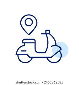 Scooter retro y puntero de mapa. Ubicación de alquiler. Transporte Urbana. Icono de trazo perfecto y editable