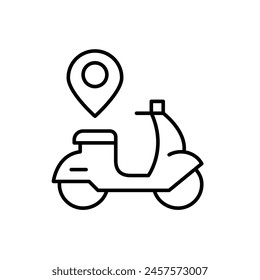 Retro scooter and map pointer. Rental location. Urban transportation. Pixel perfect vector icon