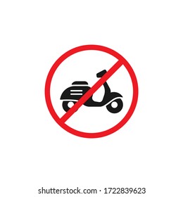 retro scooter or motorbike in red crossed circle icon. No scooters sign isolated on white. Vector illustration. Forbidden,  unallowed transport symbol. 