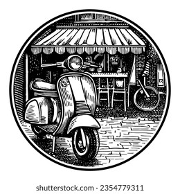 retro scooter parked by a street café retro illustration