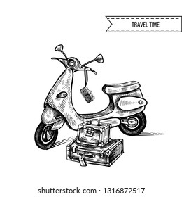 Retro scooter, photocamera, suitcases hand drawn ink sketch, moped vector illustration isolated on white, decorative vintage motorroller, romantic frame design scrapbook travel, greeting card, invite