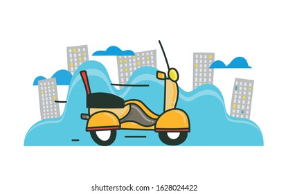 retro scooter rides on the background of the city, a moped delivery, Italian vintage bike