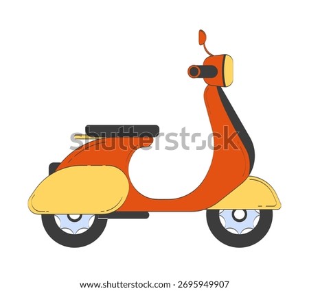 Retro scooter side view 2D doodle object. Vintage urban mobility and nostalgic transport. Italian style moped cartoon element flat vector clipart isolated on white background. Hand drawn illustration