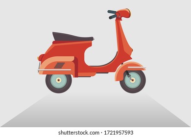 Retro scooter. Side view. Detailed image of an old motorcycle. Moped vector illustration isolated on white. Transport. Design element. For stickers, stickers, scrapbooking.