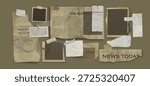 Retro scrapbook realistic composition with aged newspaper clippings, blank photo frames and adhesive tape. Vintage news cutouts, business article fragments and torn paper edges for nostalgic collage