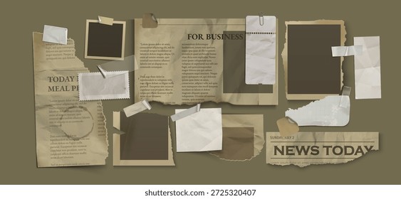 Composición realista de scrapbook retro con recortes de periódicos envejecidos, marcos de fotos en blanco y cinta adhesiva. Recortes de noticias de Antiguas, fragmentos de artículos de negocios y bordes de papel rotos para un collage nostálgico