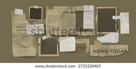 Retro scrapbook realistic composition with aged newspaper clippings, blank photo frames and adhesive tape. Vintage news cutouts, business article fragments and torn paper edges for nostalgic collage