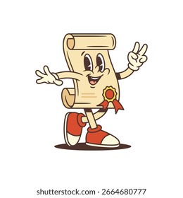 Retro scroll mascot with smiling face and peace sign hand gesture, wearing gold seal ribbon. Perfect for educational, branding, or nostalgic projects. Whimsical and vibrant vector illustration
