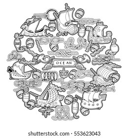 Retro Sea Illustration with Ships and Marine Objects. Marine Transport and Sail Theme.