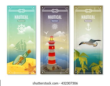 Retro sea nautical vertical banners with  lighthouse seagull message in empty bottle decorative elements collection vector illustration 