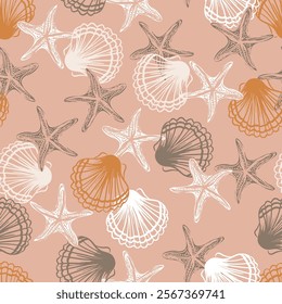 Retro Sea Shells and Starfish Vector Seamless Pattern