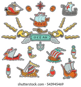 Retro Sea Stickers Set with Ships and Marine Objects. Marine Transport and Sail Theme.