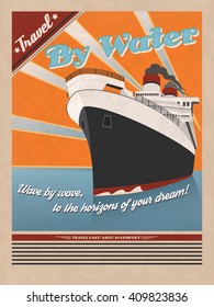 Retro sea traveling poster. Vintage travel poster for printing. Vector retro illustration of ship with ocean and sun rays as a background.