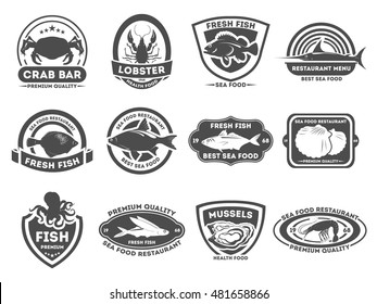 Retro seafood logo, emblems and badges set with fish sign, crab symbol, lobster, mussels, octopus, vector illustration. 