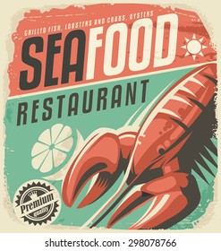 Retro seafood restaurant poster with lobster and lemon slice. Vintage fish specialties sign on old paper texture. Promotional ad design layout for bistro. Food and drink background theme.