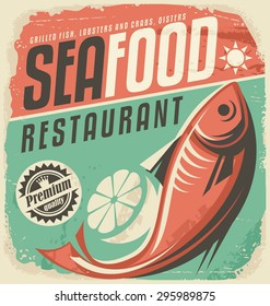 Retro seafood restaurant poster. Vintage bistro sign on old paper texture. Food and drink background theme with fish drawing and lemon slice.