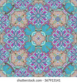 Retro seamless abstract floral pattern. Colorful blue pink wallpaper background