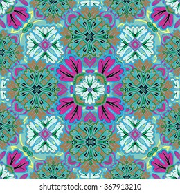 Retro seamless abstract floral pattern. Colorful blue pink wallpaper background