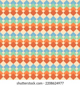 Retro seamless abstract geometric pattern on beige. Mid century modern rainbow background with colorful rhombs. Perfect for bedding, tablecloth, oilcloth or scarf textile design.
