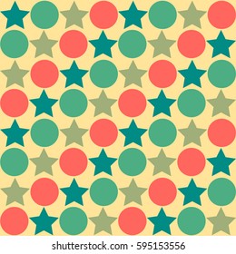 Retro seamless abstract pattern - star alternating circle in muted vintage colors of red, blue, green and tan