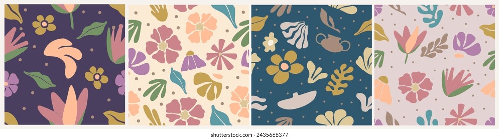 Retro seamless art pattern with colorful flowers. 