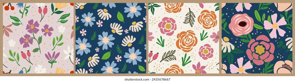 Patrón de arte sin costuras retro con flores de colores. 