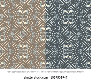 Retro Seamless Background 2 Color Set Check Polygon Frame Spiral Cross Vine Leaf Flower