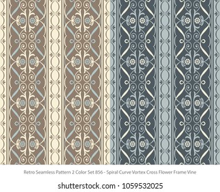 Retro Seamless Background 2 Color Set Spiral Curve Vortex Cross Flower Frame Vine