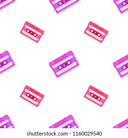 Retro seamless background with audio tapes. Magnetic audiotapes tileable pattern