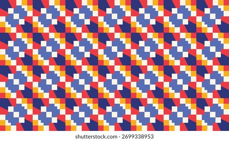Plano de fundo uniforme retrô com azulejos geométricos azuis, vermelhos e amarelos em um layout de repetição em negrito