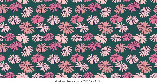 Retro seamless background. Colorful summer pattern. Hand-drawn trendy abstract flowers on a grean background. Vector design ornament for paper, cover, textile,  wallpaper, surface design