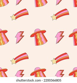 Retro seamless background with flying stars and saucers. Psychedelic groovy retro seamless pattern. 70s vibes nostalgic seamless background for textile