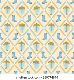 Retro seamless background with hand drawn umbrella and rubber boots