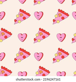 Retro seamless background with hearts and pizza. Psychedelic groovy retro seamless pattern. Groovy nostalgic seamless background for textile