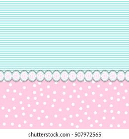 Retro seamless background pattern with dots, strips and lace line in middle. Cute pink and mint colors. Vector illustration.