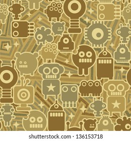 Retro seamless background with robots. Vector texture.