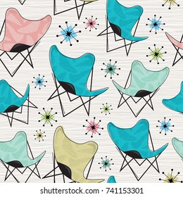 Retro Seamless Butterfly Chair Pattern with boomerangs and atomic stars